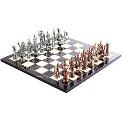 Historical Antique Copper Rome Figures Metal Chess Set for Adults, Handmade Pieces and Marble Design Wood Chess Board King 4.3 inc