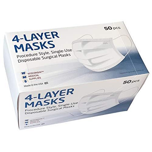 WMS 4-Layer Face Masks, Wisconsin Medical Supplies, MADE IN USA, 1 Pack (50 PCs)