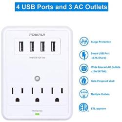 POWRUI Multi Wall Outlet Adapter Surge Protector 1680 Joules with 4-USB Ports Wall Charger, Wall Mount Charging Center 3 Outlet Wall Mount Adapter for Home, School, Office, ETL Certified