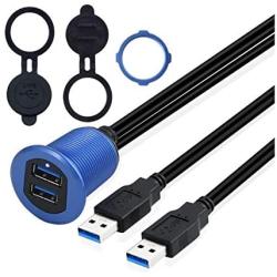 Kework Metal Dual USB 3.0 Ports Mount with Light, 3.3ft 2 Ports USB Male to 2 Ports Female Flush Mount Panel Mount Extension AUX Cable for Car Truck Boat Motorcycle Dashboard (Blue & 3.3ft)