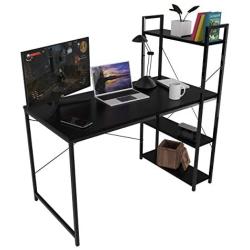 Desk with 3 Tier On Top & Below Desk Shelving | Home Office Computer Desk | Metal & Wood Industrial Style | 3 Shelf Modern Desk Shelving (Black)