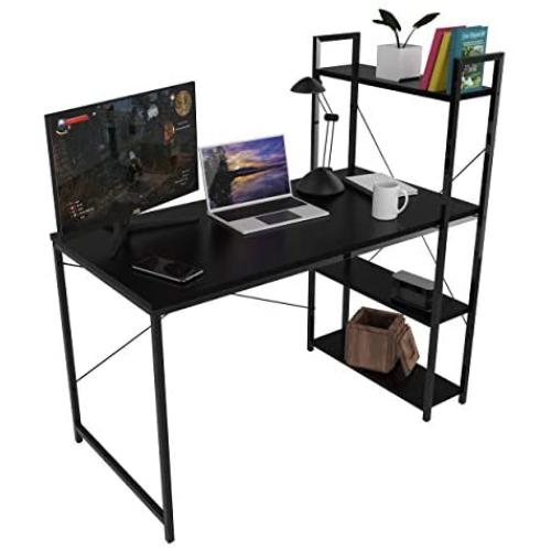 Desk with 3 Tier On Top & Below Desk Shelving | Home Office Computer Desk | Metal & Wood Industrial Style | 3 Shelf Modern Desk Shelving (Black)