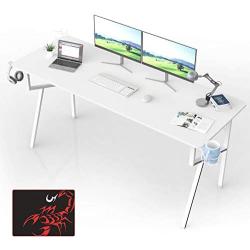 Eureka Ergonomic Gaming Computer Desk, 63 inch Large Study Writing Desk for Home Office PC Table with Mouse Pad Headset Hook Cup Holder, K Shape Metal Frame - White