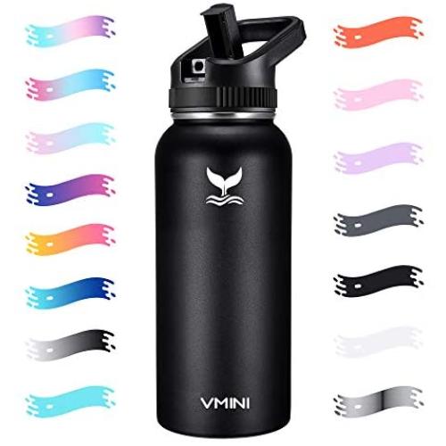 Vmini Water Bottle with Straw, Wide Sturdy Straw Lid with Dust Proof Cap, Wide Mouth Vacuum Insulated Stainless Steel Water Bottle, 32/40 oz