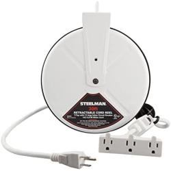 Steelman White 30-Foot Cord 13 Amp Tri-Tap Reel, 16-gauge Sheet Metal Reel Housing, 120V, 60Hz Inline Circuit Breaker, Housing Hooks into Garage or Auto Shop Ceiling