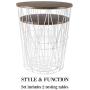 Lavish Home Convertible Round Metal Basket Veneer Wood Top Accent Side Home and Office Nesting End Tables with Storage- (Set of 2), White