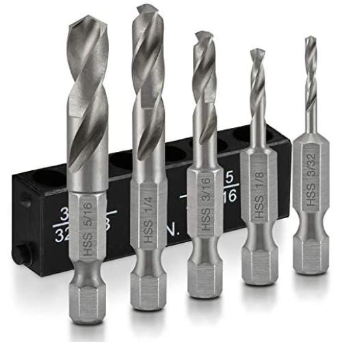 NEIKO 11402A Stubby Drill Bit Set for Metal, 5 Piece | 1/4 Inch Quick Change Hex Shank | M2 HSS Steel