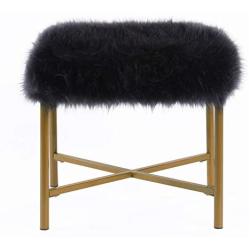 HomePop Faux Fur Square Stool with Metal Legs, Black