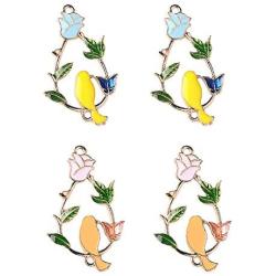 4 Pieces Metal Enamel Flower Leaves Branch Birds Connector DIY Bracelet Necklace Pendants Charms Findings for Jewelry Making DIY Craft