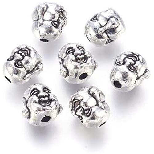 Craftdady 20pcs Tibetan Silver Laughing Buddha Head Beads 9.5x10mm Metal Buddhist Spiritual Spacer Loose Beads for Jewelry Making Hole:2mm