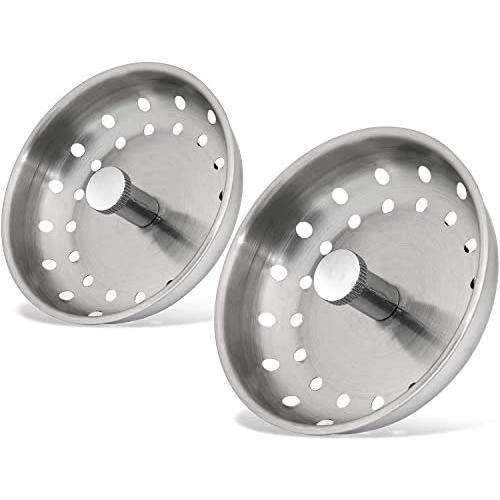 KONE 2PCS Kitchen Sink Basket Strainer Replacement for 3-1/2 Inch Standard Drains Brushed Stainless Steel Body Metal Center Knob with Rubber Stopper