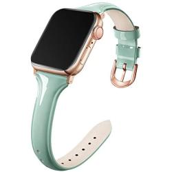 Adepoy Compatible for Apple Watch Bands 38mm 40mm, Non-Fade Slim Genuine Patent Leather Wristband for Women Apple iWatch Series Se/6/5/4/3/2/1, Milk Green