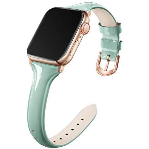 Adepoy Compatible for Apple Watch Bands 38mm 40mm, Non-Fade Slim Genuine Patent Leather Wristband for Women Apple iWatch Series Se/6/5/4/3/2/1, Milk Green