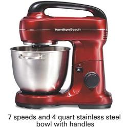 Hamilton Beach Electric Stand Mixer, 4 Quarts, Dough Hook, Flat Beater Attachments, Splash Guard 7 Speeds with Whisk, Red