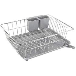 WHITGO Dish Drying Rack with Drain Board, Stainless Steel Dish Drainer Drying Rack with Utensil Holder for Kitchen Counter, Dish drain rack with One Cleaning Cloth