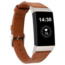 Genuine Leather Bands Compatible for Fitbit Charge 4 / Charge 3 / Charge 3 SE Bands, Classic Replacement Accessories Strap Genuine Leather Wristbands Metal Women Men Small Large Brown