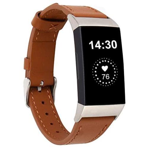 Genuine Leather Bands Compatible for Fitbit Charge 4 / Charge 3 / Charge 3 SE Bands, Classic Replacement Accessories Strap Genuine Leather Wristbands Metal Women Men Small Large Brown