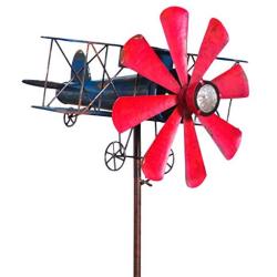 Plow & Hearth Biplane with Solar Light Metal Wind Spinner Weatherproof Outdoor Kinetic Windmill Sculptures 16 L x 15-1/2 W x 63 H