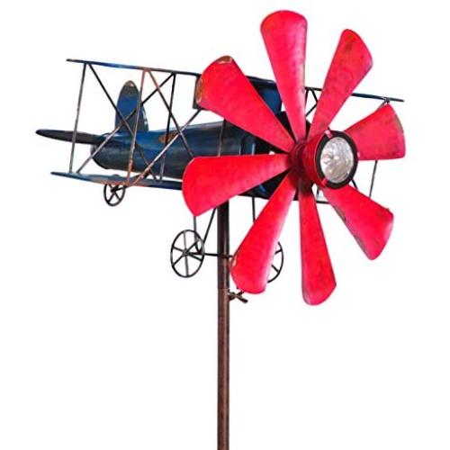 Plow & Hearth Biplane with Solar Light Metal Wind Spinner Weatherproof Outdoor Kinetic Windmill Sculptures 16 L x 15-1/2 W x 63 H Plow & Hearth Biplane with Solar Light Metal Wind Spinner Weatherproof Outdoor Kinetic Windmill Sculptures 16 L x 15-1/2 W x 63 H
