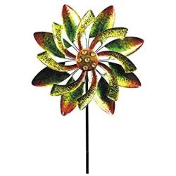 Alpine Corporation SLL1876 Gems-Kinetic Spinner-Outdoor Yard Art Decor-Green and Orange Alpine Dual Floral Windmill Stake, 65 Inch Tall