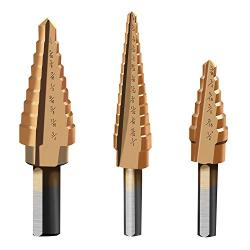 Step Drill Bit Kit, Zhushan 3Pcs Set High Speed Steel Titanium Step Drill Bit,Double Cutting Blades,Short Length Drill Bits for Sheet Metal Hole Drilling