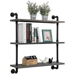 MyGift 32-inch Rustic Gray Wood & Industrial Pipe Wall Mounted 3-Tier Floating Bookshelf Display Shelving Unit