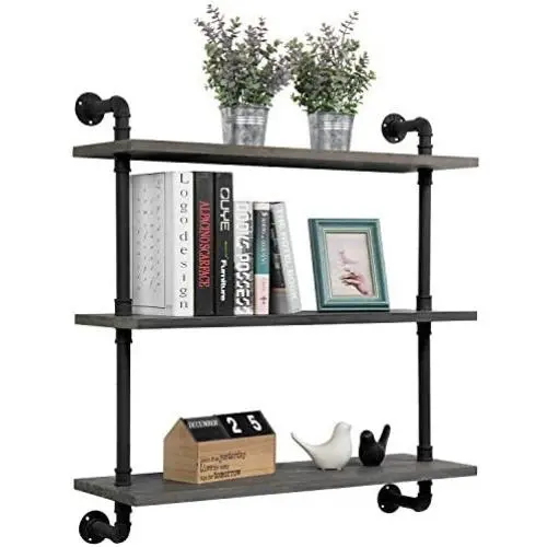 MyGift 32-inch Rustic Gray Wood & Industrial Pipe Wall Mounted 3-Tier Floating Bookshelf Display Shelving Unit MyGift 32-inch Rustic Gray Wood & Industrial Pipe Wall Mounted 3-Tier Floating Bookshelf Display Shelving Unit