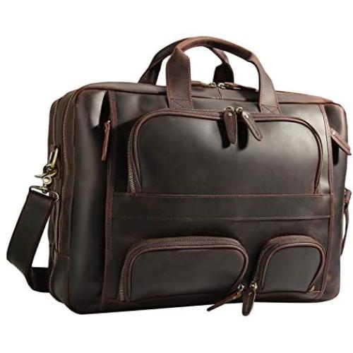 Texbo Mens Solid Top Cowhide Leather Large 17.3 Inch Laptop Briefcase Messenger Bag Tote with YKK Metal Zippers Fit Business Trip