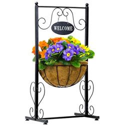 Sorbus Welcome Planter Basket Stand with Coco Liner, Stylish Flower, Plant, and Outdoor Décor for Home, Garden, Patio, Deck, Black Metal