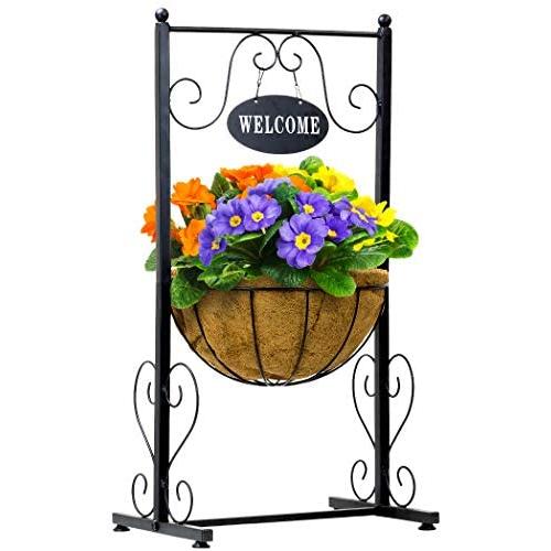 Sorbus Welcome Planter Basket Stand with Coco Liner, Stylish Flower, Plant, and Outdoor Décor for Home, Garden, Patio, Deck, Black Metal