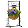 Sorbus Welcome Planter Basket Stand with Coco Liner, Stylish Flower, Plant, and Outdoor Décor for Home, Garden, Patio, Deck, Black Metal