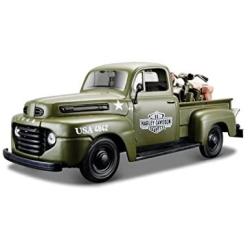 Harley Davidson - 1948 Ford F-1 Pickup Truck in Flat Green Hauling a 1942 Harley Davidson WLA Flathead, Constructed of diecast Metal with Some Plastic Parts