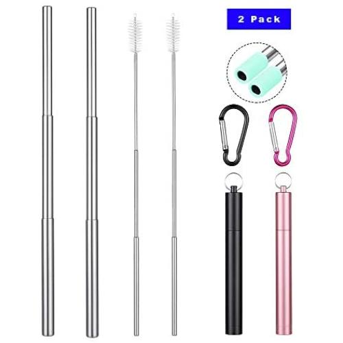 2 Pack Metal Straws Reusable Collapsible Drinking Straw Handy Telescopic Stainless Steel Eco-Friendly Drink Straws,Black/Pink