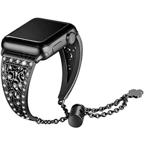 Secbolt Bling Metal Bands Compatible with Apple Watch Band 38mm 40mm iwatch SE Series 6/5/4/3/2/1, Dressy Jewelry Diamond Cuff Bracelet Bangle Wristband Women, Black