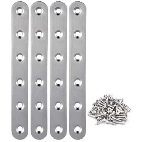 Straight Brace, Ouioui 4 Pieces Stainless Steel Flat Brace (6.18 x 0.78 inch, 157 x 20mm) Braces Joining Plate Connector Support Bracket for Shelves Cabinets Wood Furniture, 24 Pieces Screws Included