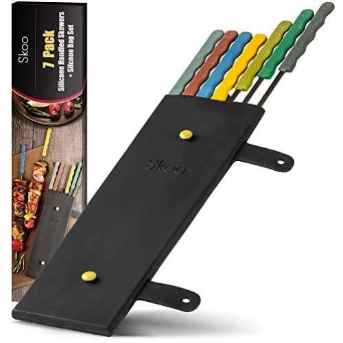 Skoo Barbecue Skewers Set - 7 Silicone Handled Stainless Steel BBQ Skewers + Silicone Storage Bag - 14'' Flat Metal Shish Kebab Skewers for Grilling - Reusable Grill Kabob Skewer Sticks + Rollable Bag