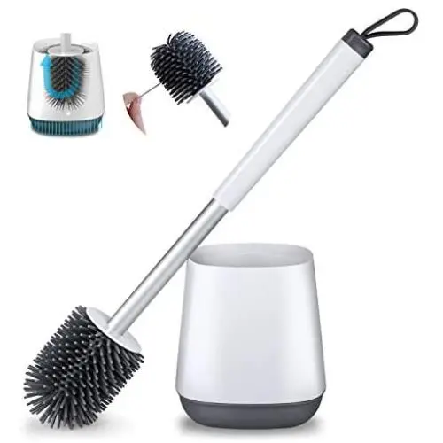 POPTEN Toilet Bowl Cleaning Brush and Holder Set for Bathroom Storage and Organization, Deep-Cleaning Toilet Bowl Cleaner Brush with Holder Anti-Rust Handle & TPR Soft Bristle,Floor Standing White