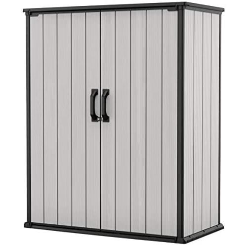 Keter Premier Tall Resin Outdoor Storage Shed with Shelving Brackets for Patio Furniture, Pool Accessories, and Bikes, Grey & Black
