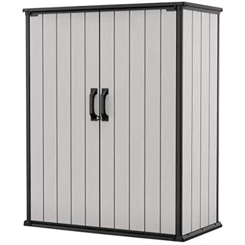 Keter Premier Tall Resin Outdoor Storage Shed with Shelving Brackets for Patio Furniture, Pool Accessories, and Bikes, Grey & Black Keter Premier Tall Resin Outdoor Storage Shed with Shelving Brackets for Patio Furniture, Pool Accessories, and Bikes, Grey & Black
