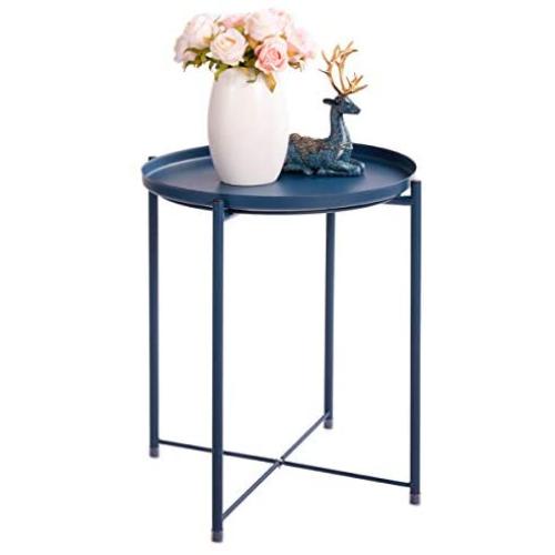 HollyHOME Tray Metal End Table, Sofa Table Small Round Side Tables, Anti-Rust and Waterproof Outdoor & Indoor Snack Table, Accent Coffee Table,（H） 20.28'' x（D） 16.38'', Navy Blue
