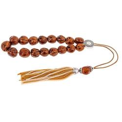 Brown Nutmeg Seed, Handmade Greek Worry Beads or Komboloi with Alpaca Metal Parts on Pure Silk Cord & Tassel, Length 34cm (13.4)