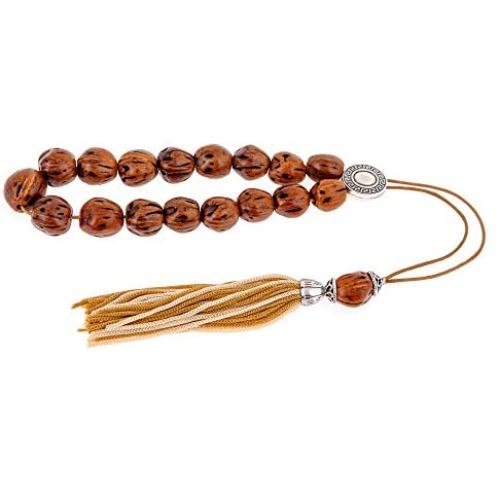 Brown Nutmeg Seed, Handmade Greek Worry Beads or Komboloi with Alpaca Metal Parts on Pure Silk Cord & Tassel, Length 34cm (13.4)