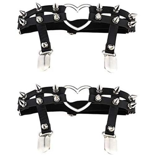 Jurxy 2PCS Gothic Studded Heart Garters Leg Ring Leg Elastic Punk Harness Garter Belt Adjustable Suspender with 2 Metal Clips – Black