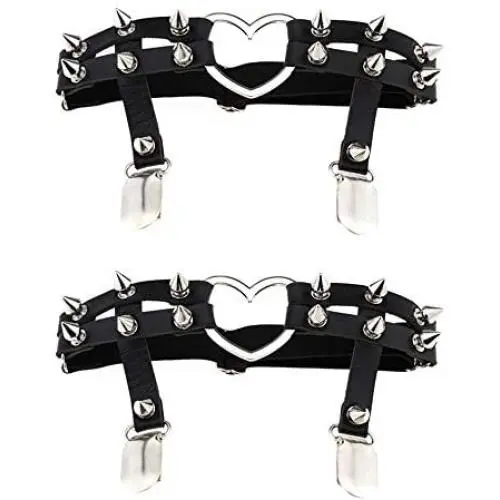 Jurxy 2PCS Gothic Studded Heart Garters Leg Ring Leg Elastic Punk Harness Garter Belt Adjustable Suspender with 2 Metal Clips – Black Jurxy 2PCS Gothic Studded Heart Garters Leg Ring Leg Elastic Punk Harness Garter Belt Adjustable Suspender with 2 Metal Clips – Black