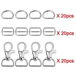 Hysagtek 60 Pcs Metal Keychain Bulk - Swivel Snap Hooks, D Ring and Slide Buckle Triglide for Handbag Purse HardwareFasteners, Strap, Backpack DIY Craft Accessories, 1 Inch, Silver