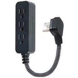 GE Designer 1 Ft Power Strip with 6 Inch Braided Extension 3 Grounded Outlets, Flat Plug, Mini Cord, Premium, Black, 45191