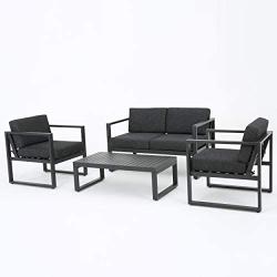 GDF Studio Nealie Patio Furniture ~ 4 Piece Outdoor Aluminum Chat Set (Dark Grey)