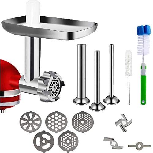 Metal Food Grinder Attachment for KitchenAid Stand Mixers， Meat Grinder Kitchen Aid Asseccories for KitchenAid，Includes 3 Sausage Stuffer Tubes, 5 Grinding Plates，Silver