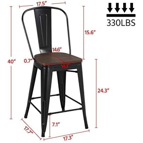 Yaheetech 24Inch Seat Height Tolix Style Dining Stools Chairs with Wood Seat/Top and High Backrest, Industrial Metal Counter Height Stool, Modern Kitchen Dining Bar Chairs Rustic, Black, Set of 4