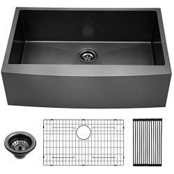 Lordear 33 inch Black Farmhouse Sink Gunmetal Black 16 Gauge Apron Front Deep Single Bowl Stainless Steel Kitchen Farm Sink